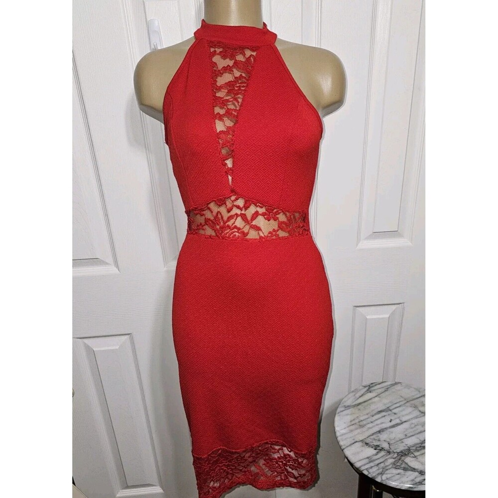 CHARLOTTE RUSSE Red Bodycon Choker SEXY Lace Trim Dress Sz M Vintage Made USA W4